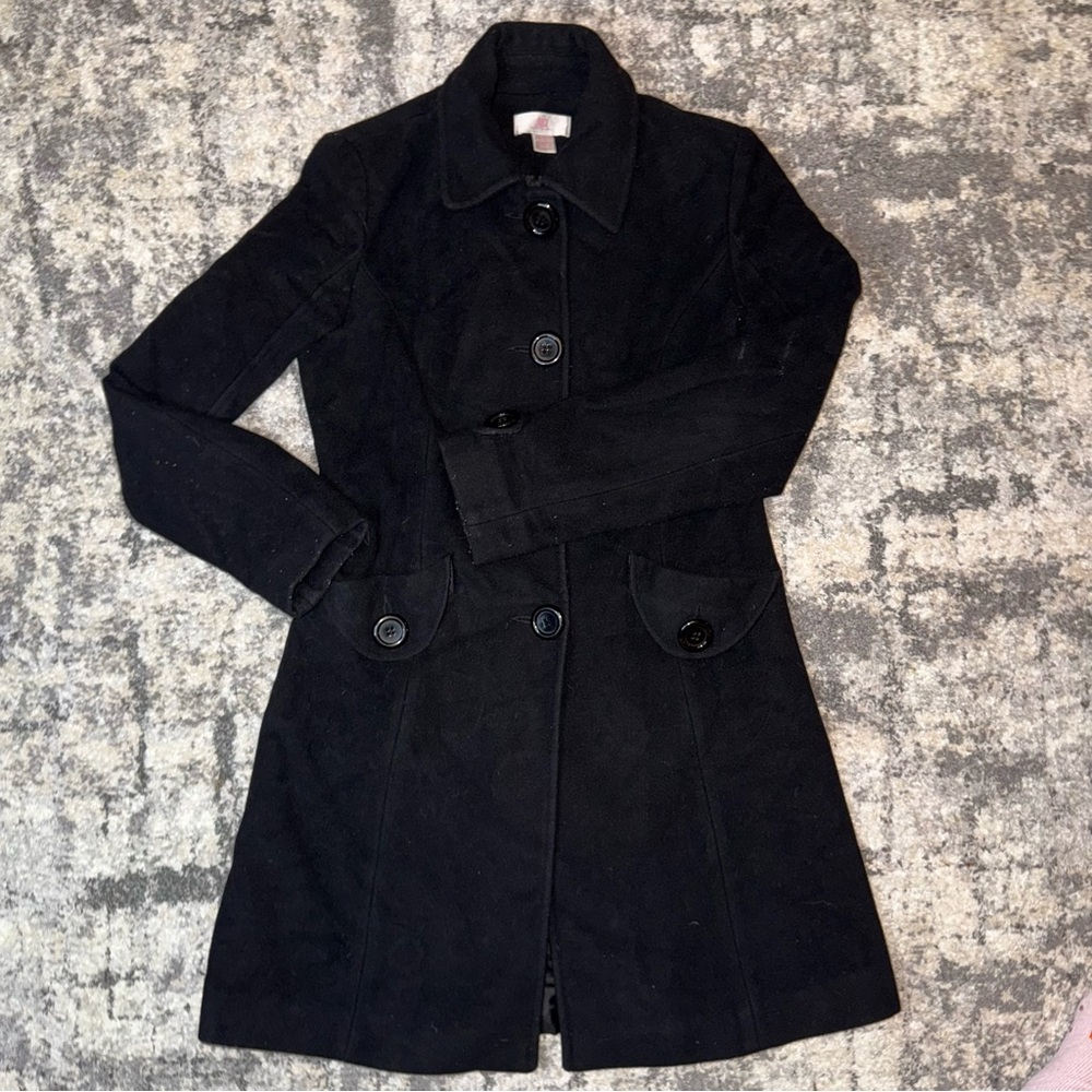 JLO by Jennifer Lopez Women’s Petite Medium Wool coat Black long trench Button u